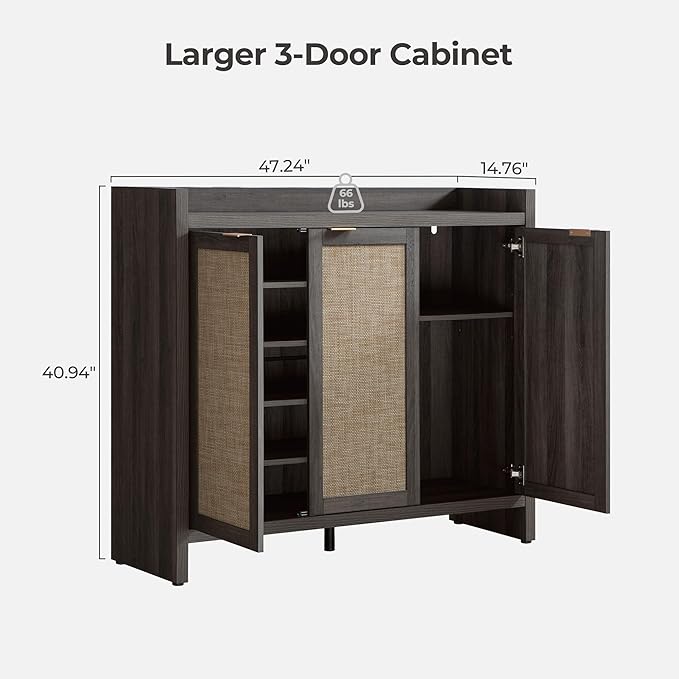 SICOTAS Shoe Storage Cabinet Set of 2, Large Tall Shoe Cabinet, Rattan Shoe Cabinet Storage for Entryway, Farmhouse Cabinet with Doors and Adjustable Shelves for Entryway Hallway, Black Oak