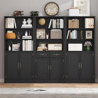 72'' Tall Bookcase with Doors and Drawers, Adjustable Shelves, P2 MDF Construction, 32'' Wide Freestanding Cabinet with Metal Handles, Hidden Storage for Living Room, Bedroom, Black