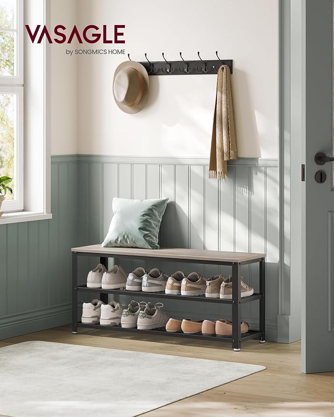 VASAGLE, 3-Tier Shoe Rack, Shelf Storage Bench with Metal Mesh Shelves and Seat, Free Standing Shoe Organizer for Entryway, 11.8 x 39.4 x 17.7 Inches, Greige and Black ULBS078K01