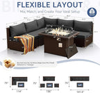 NICESOUL 6 Piece L Shape Outdoor Couch Set with Fire Pit Natural Gas/Propane, 29.3'' High Back Deep Wide Seated Patio Conversation for Deck, Wicker Patio Furniture Set, Brown Rattan and Grey Cushion