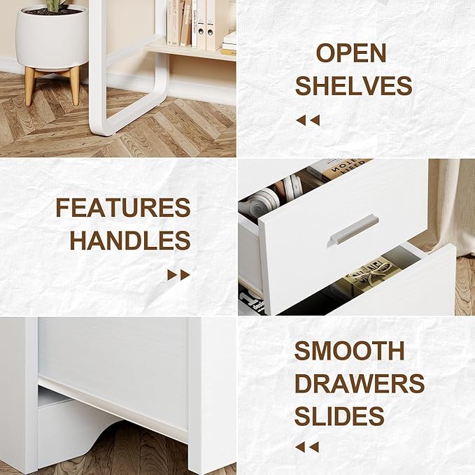 White Desk with 3 Drawers, 47 Inch Computer Desk with Drawers for Bedroom, Small Home Office Desk with File Cabinet, Bottom Shelves for Small Spaces