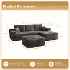 106" Cloud Sectional Couch with L-Shape Chaise & Ottoman, No Assembly Modular Sofa, Deep Seat Plush Corduroy Boneless Couched for Living Room (Gray Plush Corduroy, Right Facing Chaise with Ottoman)