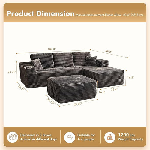 106" Cloud Sectional Couch with L-Shape Chaise & Ottoman, No Assembly Modular Sofa, Deep Seat Plush Corduroy Boneless Couched for Living Room (Gray Plush Corduroy, Right Facing Chaise with Ottoman)