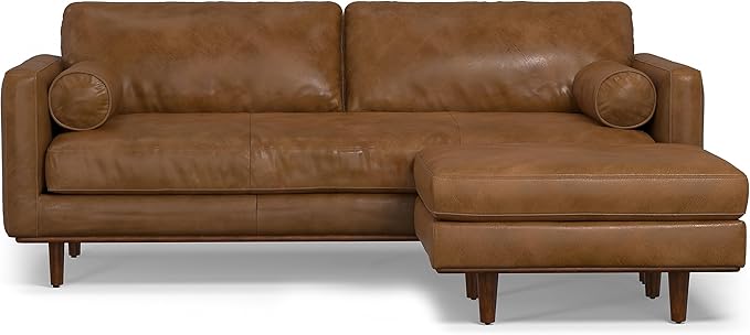 SIMPLIHOME Morrison Mid-Century Modern 89 inch Wide Sofa with Ottoman Set in Caramel Brown Genuine Leather for the Living Room and Family Room