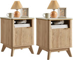 QUW Fluted Nightstands Set of 2 with Charging Station, 18" Modern Side Table, Wooden Bedside Table with Faux Marble Top, Open Storage, Cabinet, End Table for Bedroom, Living Room, Natural Oak
