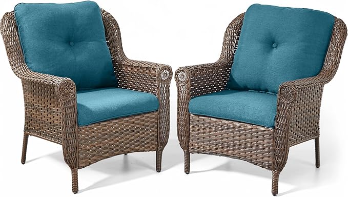 Patio Wicker Chairs Outdoor Furniture Chair - Set of 2 Outside All Weather Lawn Dining Brown Rattan Armchair with High Back&Deep Seating for Deck Porch Balcony Backyard Garden - Peacock Blue