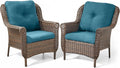 Patio Wicker Chairs Outdoor Furniture Chair - Set of 2 Outside All Weather Lawn Dining Brown Rattan Armchair with High Back&Deep Seating for Deck Porch Balcony Backyard Garden - Peacock Blue