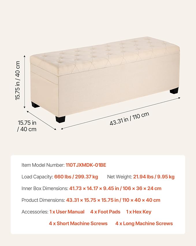 VEVOR Storage Ottoman Bench, End of Bed Bench with 2 Side Bags, Fabric Upholstered with Metal Frame, Toy Box Storage, Bed Benches for Foot of Bed, Bench for Entryway, Living Room, Playroom, Beige