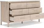 Signature Design by Ashley Cadmori Casual Bohemian Dresser with Post Legs and 6 Drawers, Replicated Marble Top, Wood, 35" High, White and Light Brown Finish