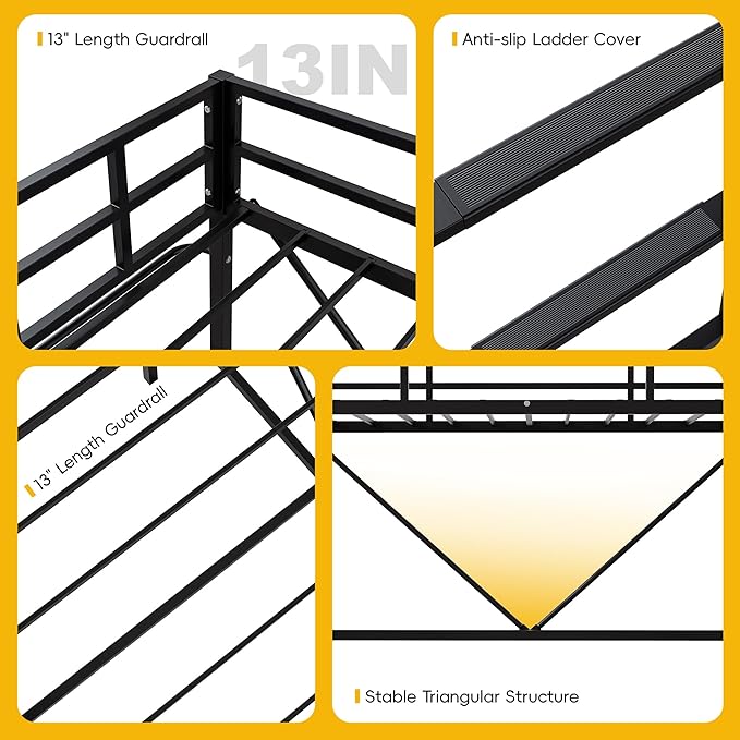 Loft Bed Twin,Loft Bed with Built-in Power Outlet LED Lights,Clothing Hanger,Storage Pouch,Heavy Duty Metal Safety Guard Rail for Kids Teens Adults,No Box Spring Needed,Black