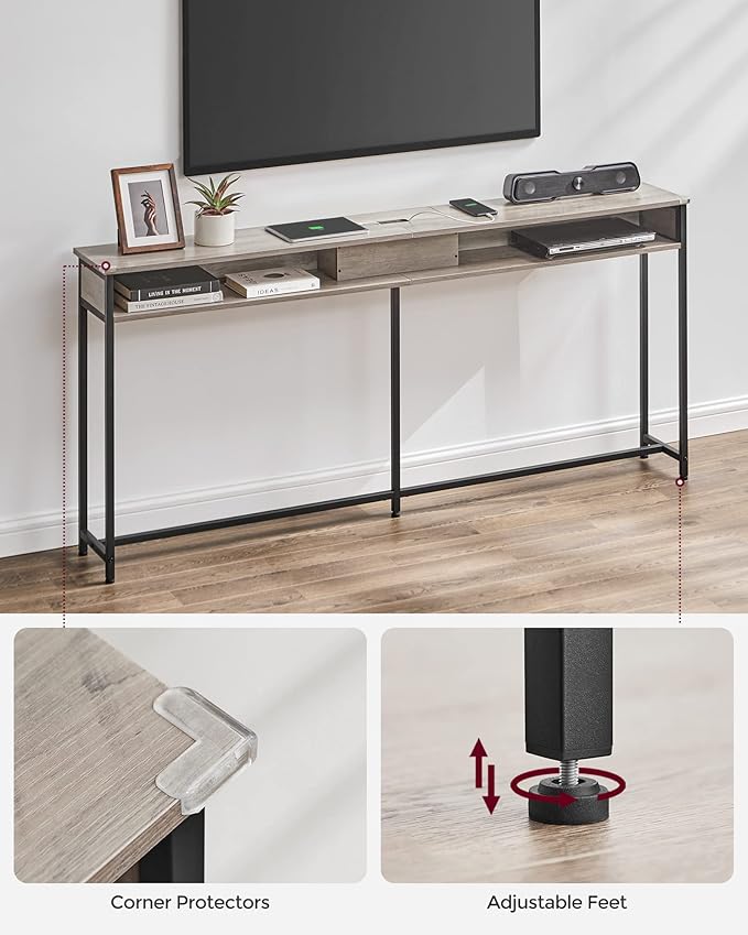 VASAGLE 70.9-Inch Console Table with Outlet and Shelves, Sofa Table with Charging Station, Behind Couch Table Skinny, Entryway Table for Hallway, Living Room, Heather Greige and Ink Black ULNT118B02