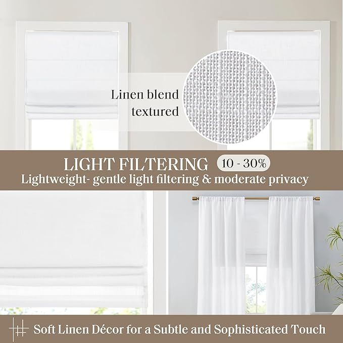 Madison Park Kyler Cordless Roman Shades - Single Panel, Lightweight Linen Blend Fabric, Natural Design, Easy Installation, Light Filtering Window Blind, Bedroom, Living Room Decor 31"W x 64"H White