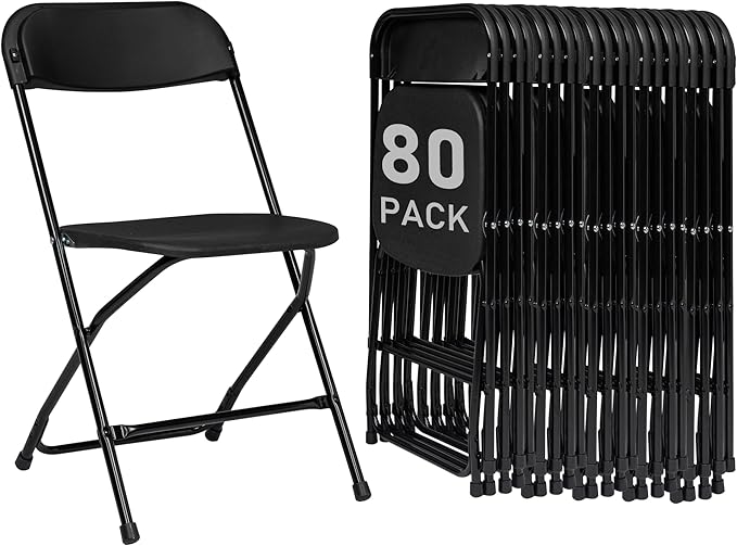 80 Pack Black Plastic Folding Chairs, Portable Party Chairs, Stackable Commercial Seats with Steel Frame for Home Office Wedding Party Indoor Outdoor Events Chairs, 350lbs Capacity