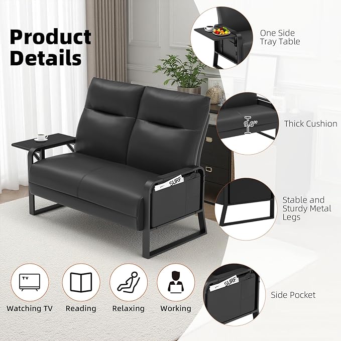 Faux Leather Loveseat, Upholstered Loveseat with Side Tray Table & Storage Pocket, Small Loveseat for Living Room, Modern 2 Seater Sofa Couch for Small Spaces, Bedroom, Black