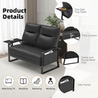 Faux Leather Loveseat, Upholstered Loveseat with Side Tray Table & Storage Pocket, Small Loveseat for Living Room, Modern 2 Seater Sofa Couch for Small Spaces, Bedroom, Black
