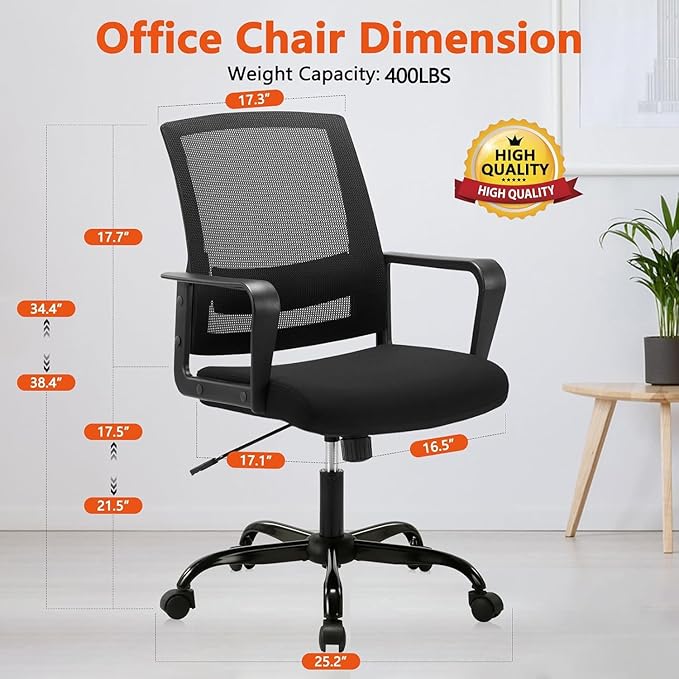 CLATINA Ergonomic Desk Chair, Mid Back Mesh Computer Chair with Lumbar Support and Armrest, Height Adjustable Swivel Chair for Home Office, Black (2PK)