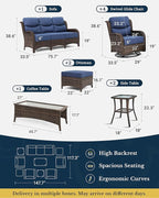 HILLGA Luxury Patio Furniture Set with 6-inch Thick Cushion, Outdoor Couch and High Back Swivel Rocker Patio Chairs, 10PCS Wicker Conversation Set for Deck Yard and Poolside, Blue (V2)