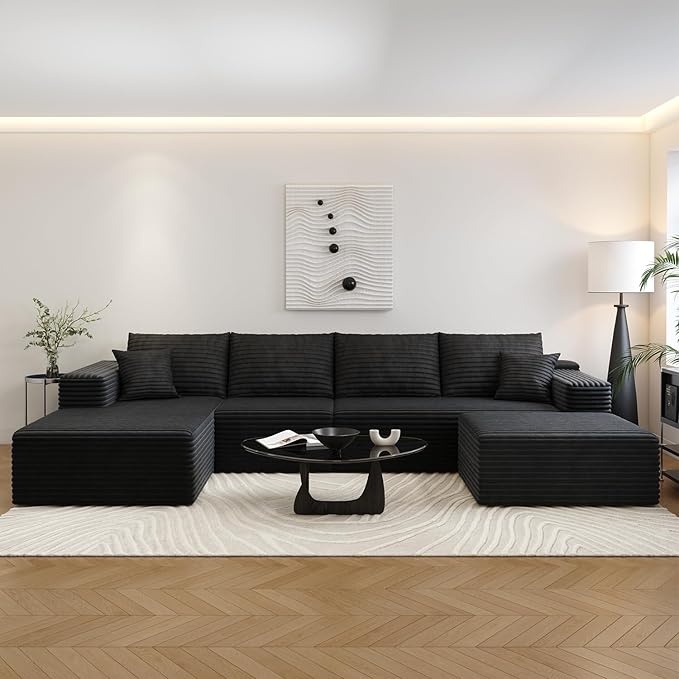 135.4" Cloud Sectional Couch with 1 Ottoman,Modern Modular Sofa with Deep Seat, Comfort U Shaped Sofa Couches for Living Room Bedroom Apartments,No Assembly Required, (Black,Left Facing Chaise)