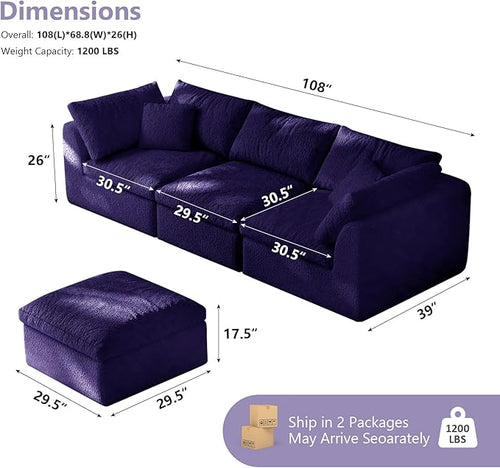 108" Boneless Cloud Couch Modular Sectional Sofa with Deep Seat for Living Room, L Shape Couch with Ottoman, Snowflake Cloth and 40D Memory Sponge，2 Throw Pillows (Purple, 3 Seater+1 Ottoman)