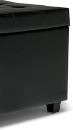 SIMPLIHOME Cosmopolitan 34 inch Wide Transitional Rectangle Storage Ottoman in Midnight Black Vegan Faux Leather, Assembled, For the Living Room, Entryway and Family Room