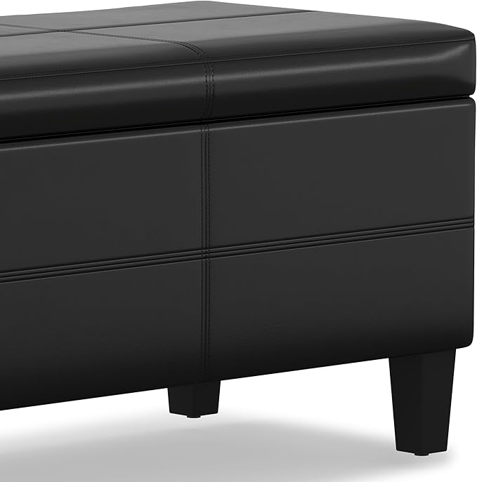 SIMPLIHOME Afton 48 inch Wide Contemporary Rectangle Storage Ottoman Bench in Midnight Black Vegan Faux Leather, Assembled, For the Living Room and Bedroom