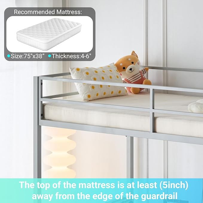 Karl home Twin Metal Loft Bed with Desk, with Power Outlet and LED Lighted, Safety Guardrail & Ladder, Space Saving, No Noise, No Box Spring Needed, Grey