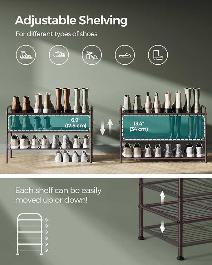 SONGMICS Shoe Rack, 3-Tier Shoe Organizer, Metal Shoe Shelf Storage with 4 Side Hooks, Holds 15 Pairs of Shoes, Height-Adjustable Shoe Rack for Entryway, Hallway, Closet, Easy Assembly, Chestnut Brown