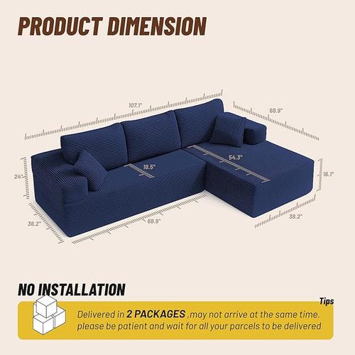 107" Boneless Couch with Deep Seat, Modular Sectional Sofa, Cloud Sectional Couch for Living Room, No Assembly Required, Corduroy, L-Shape Right，Blue