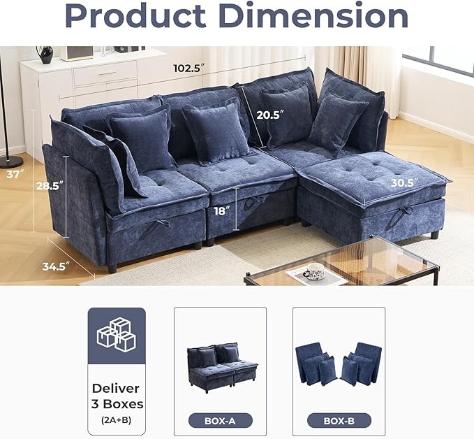 103" Modular Sectional Sofa, L-Shaped Corduroy Comfy Sectional Couches for Living Room, 3-Seater Cloud Couches with 1 Ottoman, Modern Deep Seat Sofa with Large Storage, Blue