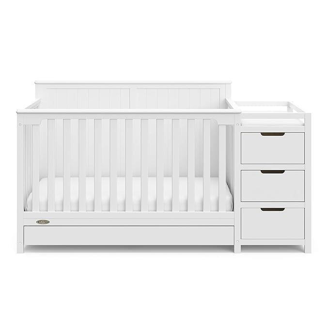 Graco Hadley 5-in-1 Convertible Crib & Changer (White) – GREENGUARD Gold Certified, Fits Standard Crib Mattress, Converts to Toddler Bed and Full Bed, 4 Adjustable Mattress Heights