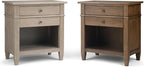 SIMPLIHOME Carlton Bedside Table - 24 inch Wide Solid Wood Nightstand Table in Distressed Grey, Transitional Bedroom Side or End Table with 2 Drawers, Open Storage Shelf and Bronze Hardware