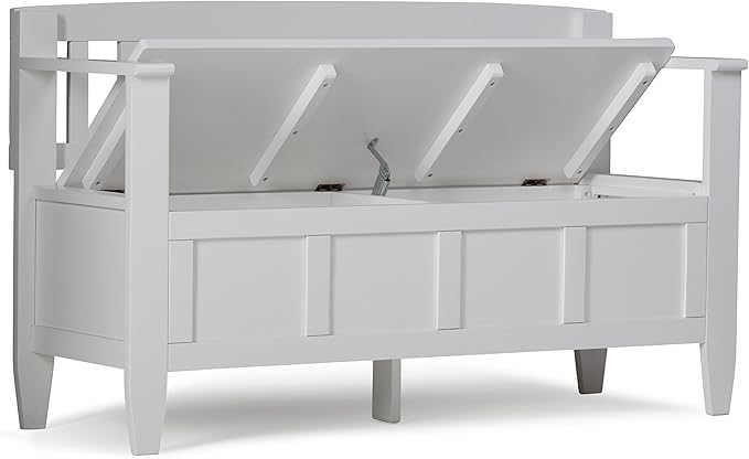 SIMPLIHOME Brooklyn Entryway Storage Bench - 48 inch Wide Solid Wood Storage Seat in White, Contemporary Bench for Entryway or Living Room with Lift-Up Lid and Slatted Backrest