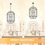 High Ceiling Foyer Chandelier: 8-Light Farmhouse Lantern Chandeliers for Entryway Industrial Large Pendant Light Fixtures for Entry Staircase Hallway Dining Room Kitchen Island, Black & Silver
