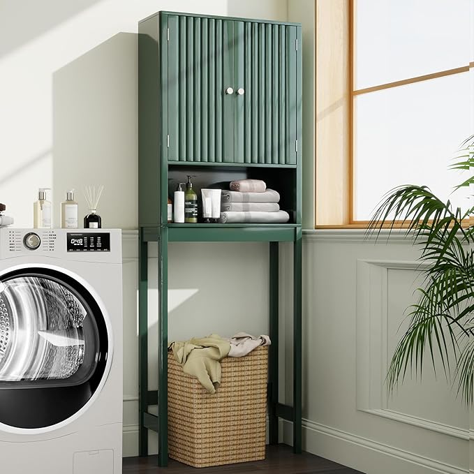 Tangkula Over The Toilet Storage Cabinet, Bathroom Space Saver with Fluted Doors Adjustable Shelf & Bottom Bar, Freestanding Above Toilet Storage Cabinet Organizer for Laundry, Restroom (Forest Green)