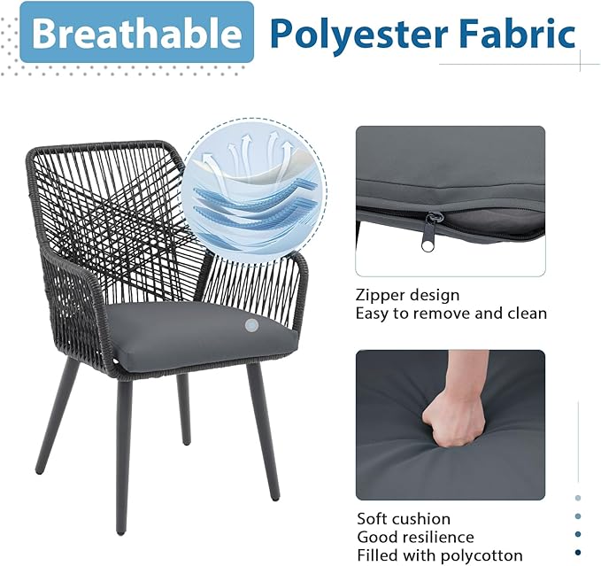 JOIVI Outdoor Dining Chairs Set of 2, 2 Pieces Woven Rope Patio Chairs with Armrest and Seat Cushions for Outside Porch, Balcony or Indoor Kitchen, Restaurant, Gray