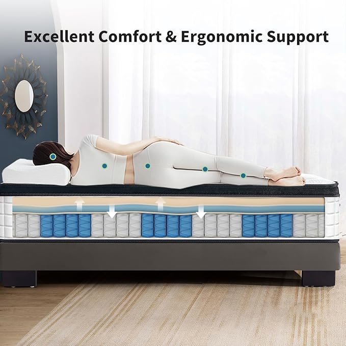 FLEXISPOT Adjustable Bed Frame Base Split King+12-inch Certipur-US Hybrid Mattress with Individual Pocket Spring, Quick Assembly, Massage, Zero Clearance, Whisper Quiet Durable Motor, Zero Gravity