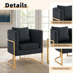 Velvet Modern Accent Chairs Set of 2, Upholstered Barrel Armchair Mid Century with Pillow for Living Room, Comfy Single Vanity Chair with Metal Gold Legs for Bedroom, Black