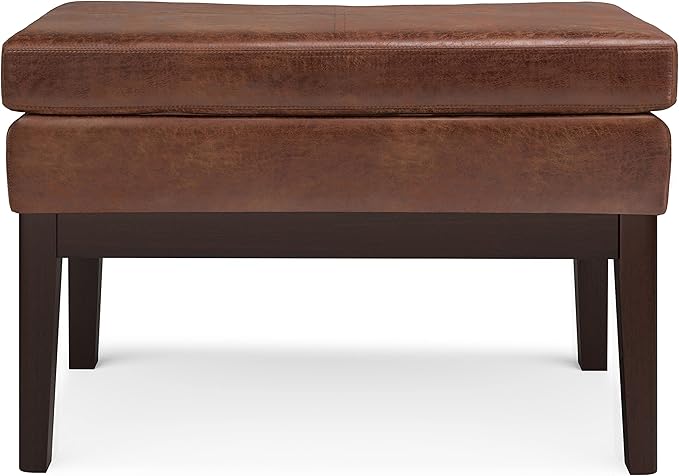 SIMPLIHOME Carlson 2-inch Wide Vegan Faux Leather Small Ottoman Bench in Distressed Black with Solid Wood Frame for Living Room, Entryway, or Bedroom