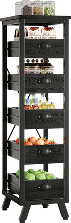 Tribesigns Black Wood Fruit and Vegetable Storage Rack, 5-Tier Narrow Snack Stand Kitchen Stand Fruit Basket, Pull-Out Utility Organizer for Kitchen, Living Room