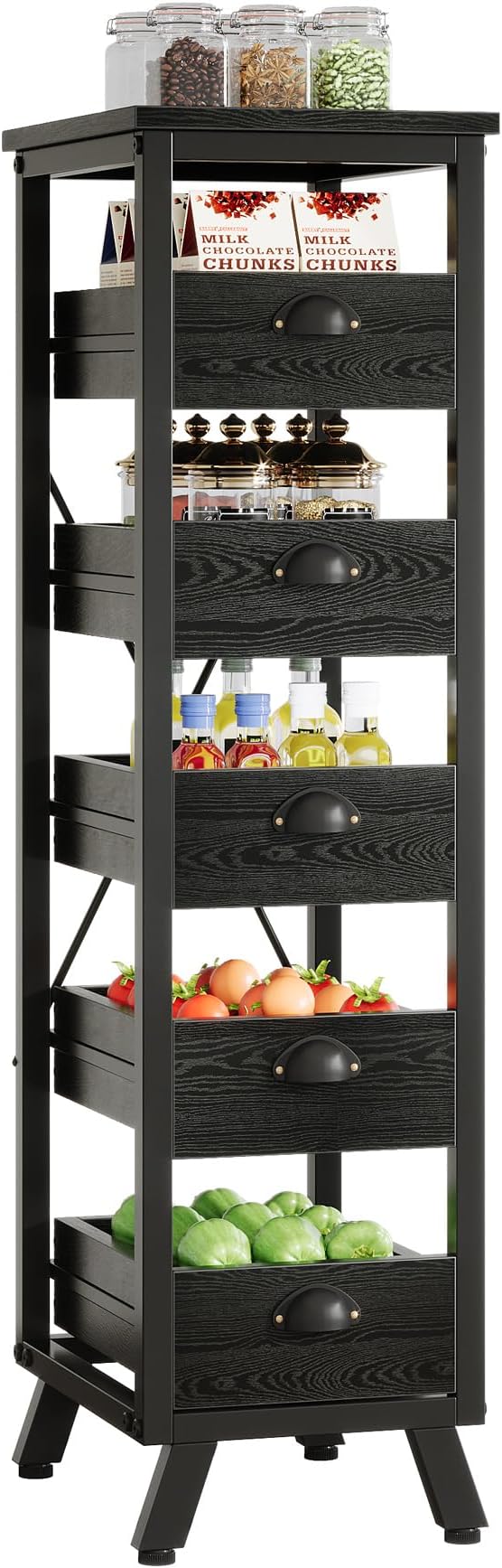 Tribesigns Black Wood Fruit and Vegetable Storage Rack, 5-Tier Narrow Snack Stand Kitchen Stand Fruit Basket, Pull-Out Utility Organizer for Kitchen, Living Room