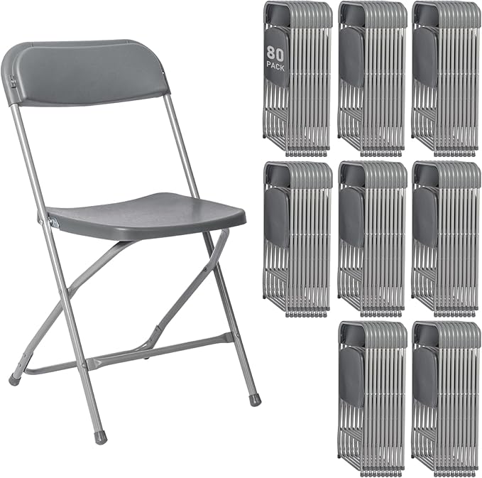 80 Pack Plastic Grey Folding Chairs,Portable Party Chairs Stackable Commercial Seats with Steel Frame for Office Home Outdoor Indoor Wedding Party Patio Dinning Events,350lbs Capacity