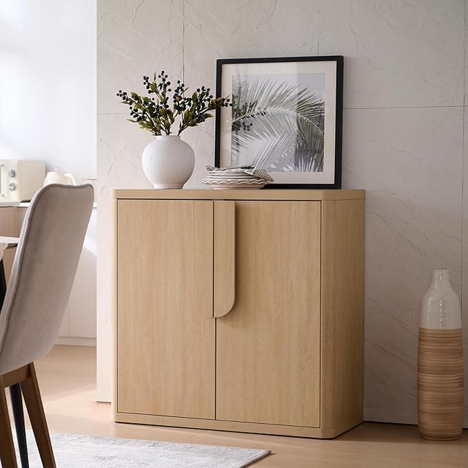 34.5'' Sideboard Buffet Cabinet W/Storage, Modern Accent Cabinets W/Curved Handles & Adjustable Shelves, 2 Doors Coffee Bar Buffet Table Credenza for Living Room Kitchen Hallway, Natural