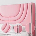 Pink Full Size Bed Frame with LED Lights, Faux Leather Upholstered Platform with Silver Wingback Headboard, Modern Style, No Box Spring Needed, Easy Assembly