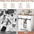 Vabches Bathroom Floor Cabinet, Farmhouse Storage Cabinet with Sliding Barn Door and Storage Drawers, White Buffet Cabinet with Adjustable Shelves for Bathroom, Kitchen, Entrance Area, Living Room