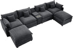HYJT-H&K 145" U Shaped Cloud Couch Modular Black Sectional Couches for Living Room, Comfy Fluffy Chenille Oversized Cloud Sectional Couch Large 6 Seat Sectionals Sofa Set Central Console USB Port