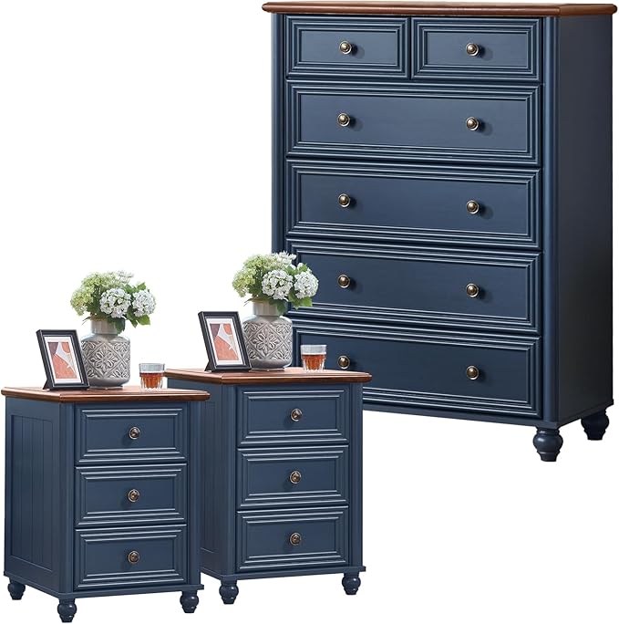 Farmhouse Dressers and Night Stand Set of 3, Wood 43.5'' Tall Dresser and 18'' Wide Chest of Drawers, Roman Column Nightstand Set of 2, Bedroom Furniture Dresser Suites for Living Room, Hallway, Home