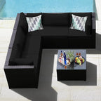 Tangkula 6 Pieces Patio Furniture Set, Outdoor Rattan Sofa Set, Wicker Conversation Set w/Tempered Glass Coffee Table & Cushions, Sectional Sofa Set for Backyard, Garden, Balcony, Poolside (Black)