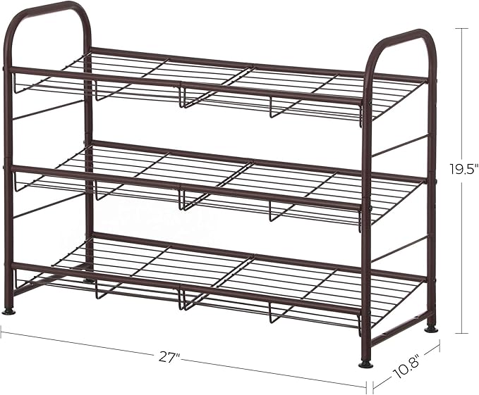 SONGMICS Shoe Rack, 3 Tier Shoe Organizer for Closet, Holds up to 12 Pairs of Shoes, Shoe Rack for Front Door Entrance, Metal Shoe Shelf with Adjustable Tilt Angle, for Entryway, Garage, Bronze