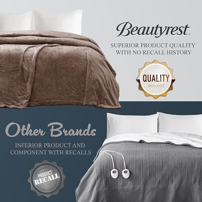 Beautyrest Heated Electric Blanket for Cold Weather, Fast Heating Heated Blanket, Auto Shut Off, Virtually Zero EMF, Multi Heat Setting, UL Certified, Mink Queen (90 inx84 in)