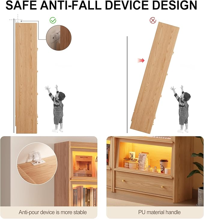 74"H Tall Soild wood Bookcase with 3 color LED light and Glass Door, 5 -Tier Wooden Book case and bookshelf, Large Display Storage Organizer Cabinet with Shelves for Study Home Office Living Room